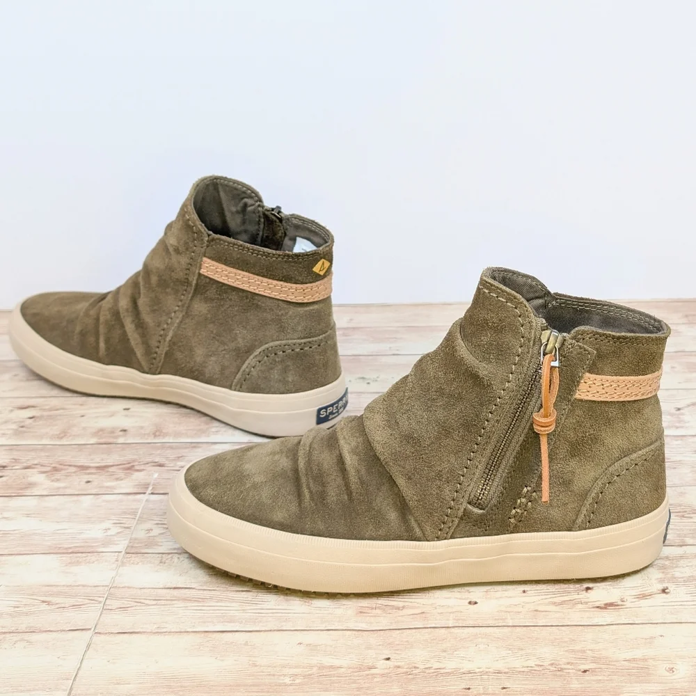 Sperry Suede Leather Ankle Booties Olive Army Green Zipper Women's 7